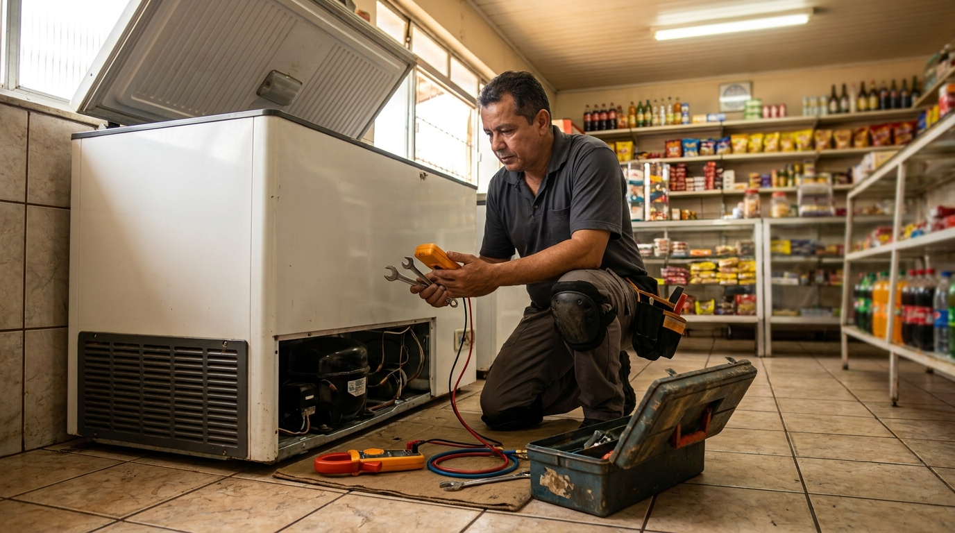 Profissional executando manutenção no motor de freezer em Anápolis‑GO