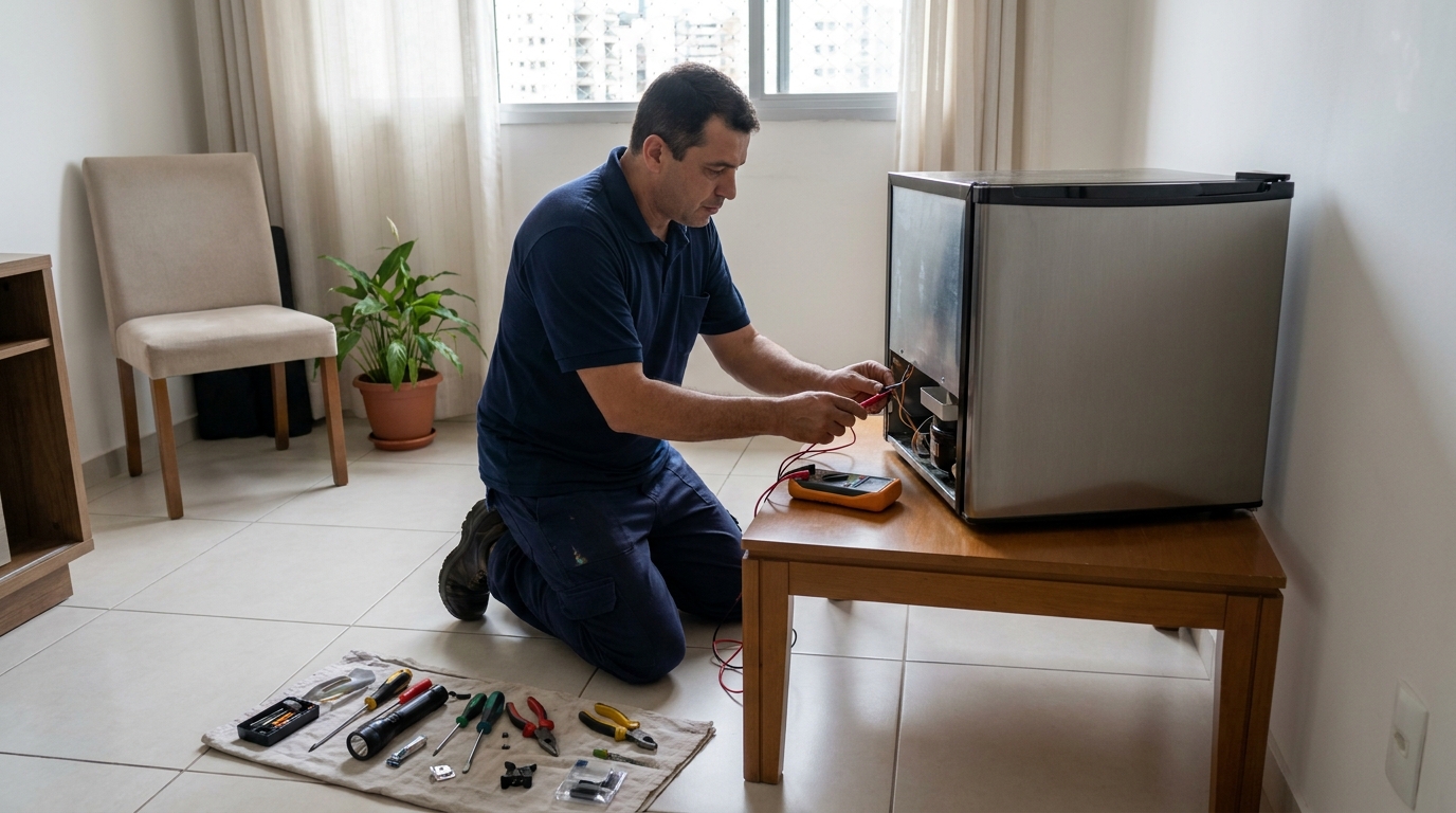 Técnico fazendo manutenção do motor de frigobar em Anápolis‑GO