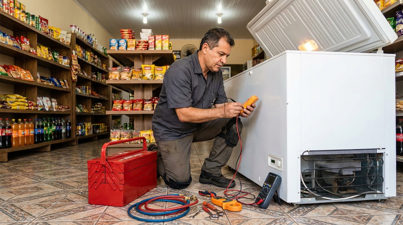 Recarga de gás refrigerante no freezer durante atendimento em Anápolis‑GO